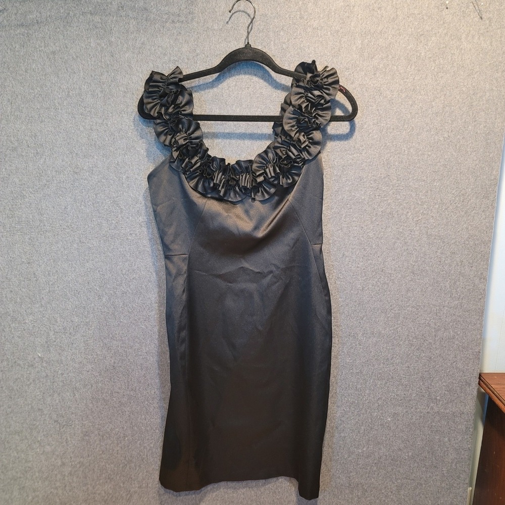Vtg Y2K Maggy L Satin Ruffle Shoulder Sheath Dress Sz4 Cocktail Party 50s Pinup